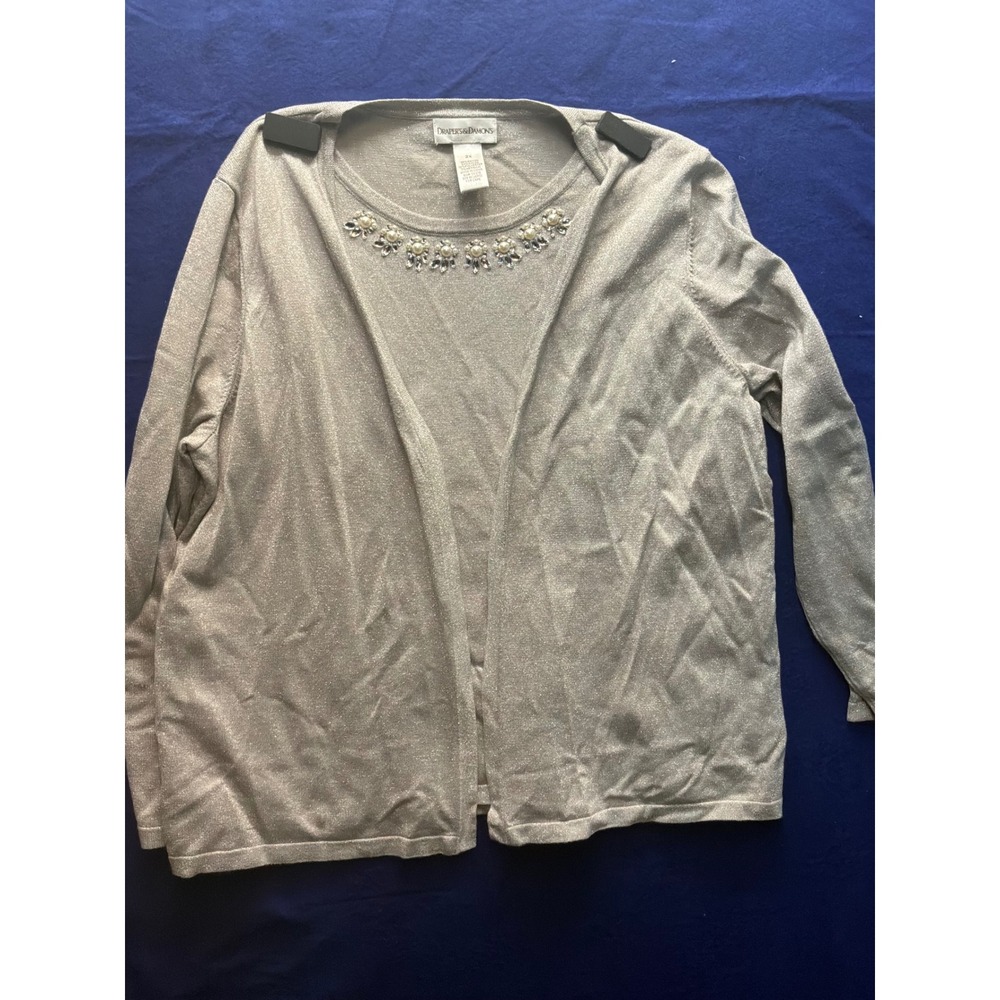 Party Womens Drapers‎ & Damons Metallic Twin Set 2X Silver Pearl Cardigan Tank